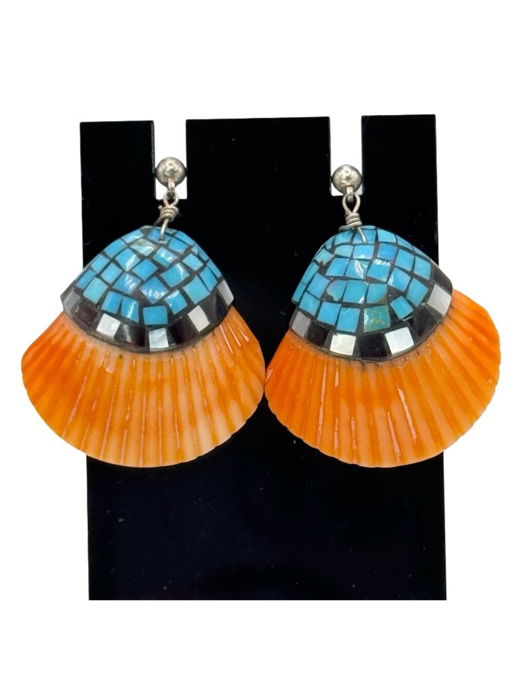 Native Spiny Oyster Shell Earrings Turquoise Mother Of Pearl Mosaic Inlay VTG